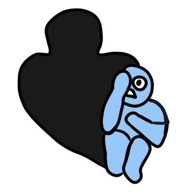 A small, blue figure curled up to protect themself, one hand covering half of their face and their visible eye wide with fear. Behind them looms a large, dark shadow shaped like a person.